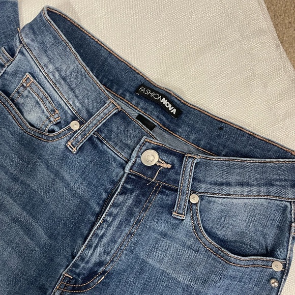 Fashion Nova  flare blue jeans with silver beads on trim, party pants size 3 - Picture 2 of 6